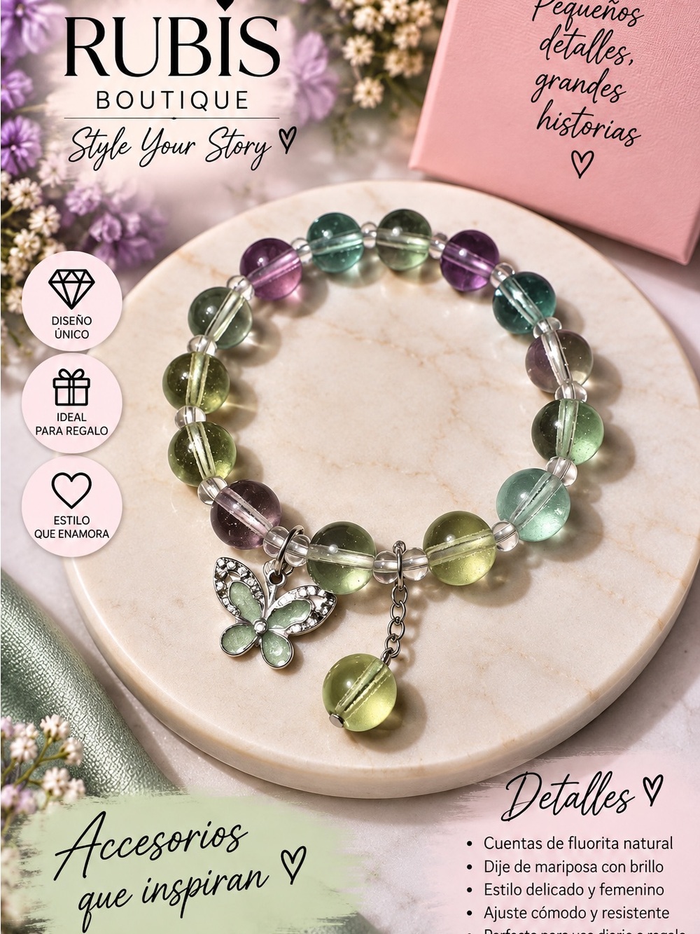 Green Multi-Color Fluorite Butterfly Charm Bracelet